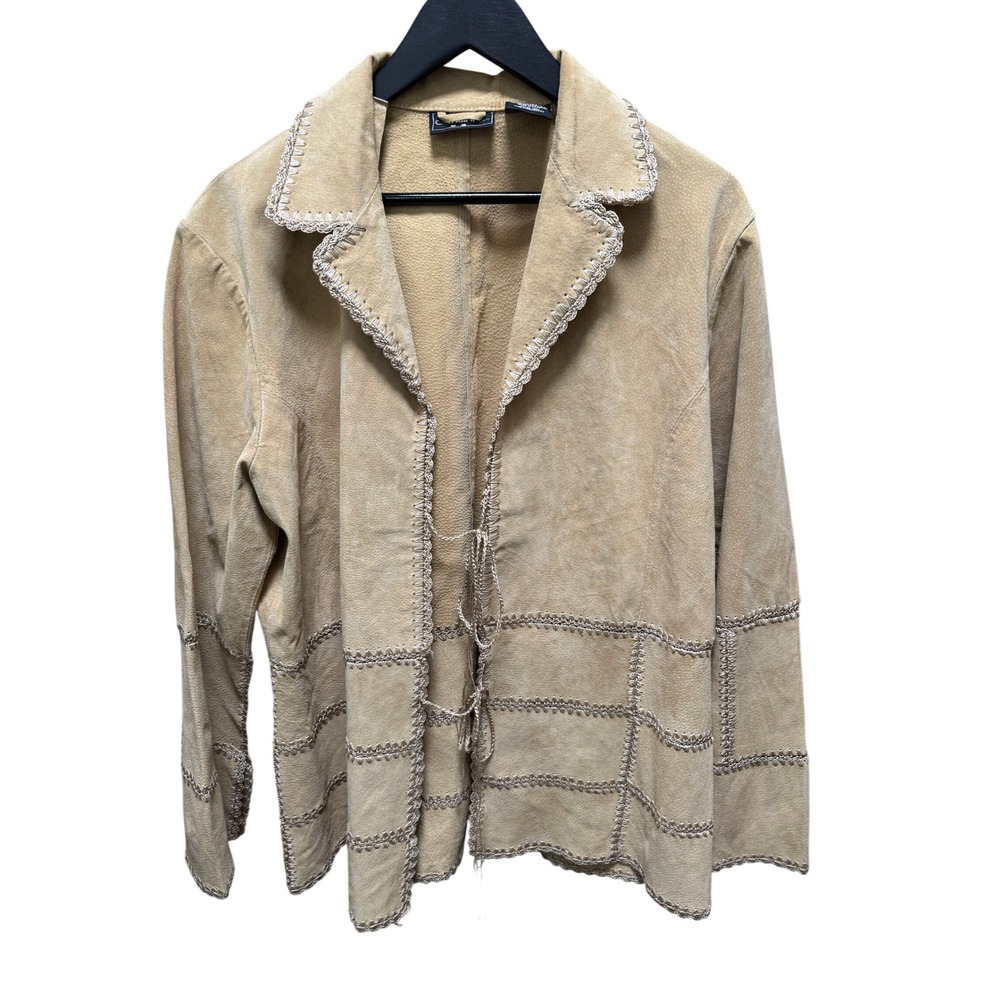 Outbrook Leather Jacket Womens Large Tan Suede Whipstitch Tie Front Boho‎ Whimsy